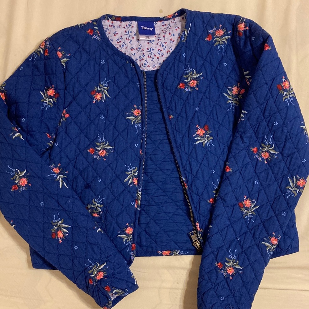 Disney Women's Floral Embroidered Blue Bomber Jacket - girl size 10-12